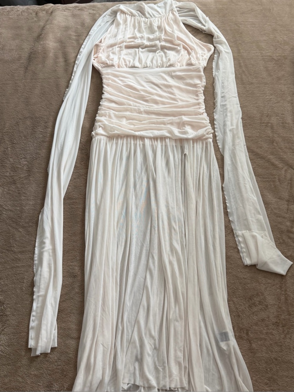 Ivory Long Sleeve Ruched Mesh Maxi Dress
